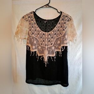 Studio 226 Elegant Black and Cream Crochet Shoulder Women's Top